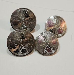 Vintage Disc Art Deco Silver Etched Leaves Clip On Earrings Set Of 2 Bundle